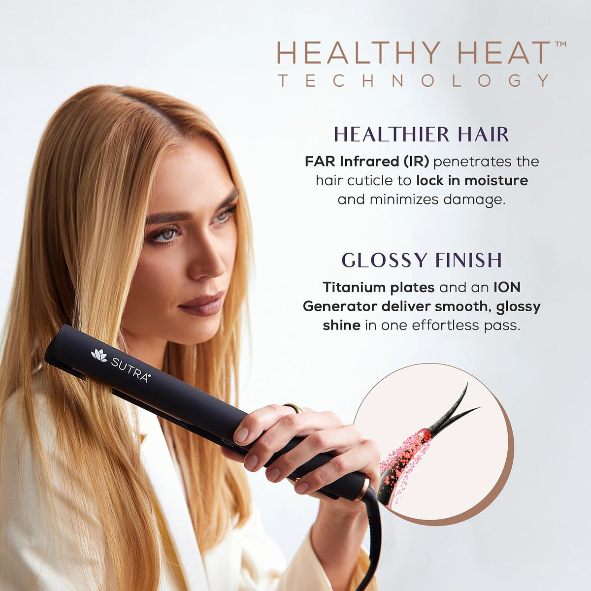 Sutra Professional IR2 Flat Iron - Ionic Infrared Hair Straightener with Adjustable Temperature, Auto Shut-Off & Swivel Cord - Straight Iron for Straightening Hair - Rose Gold Titanium Plate