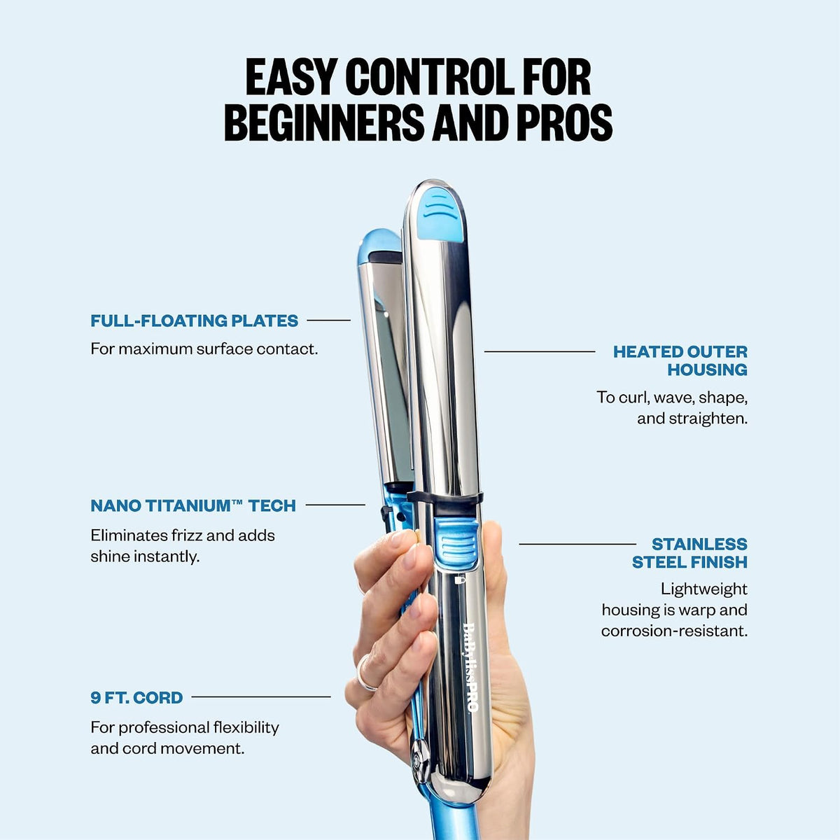 BaBylissPRO Nano Titanium Prima Ionic Hair Straightener – Professional Flat Iron & Curling Iron in One for Stylists, Pro Styling Hair Tool